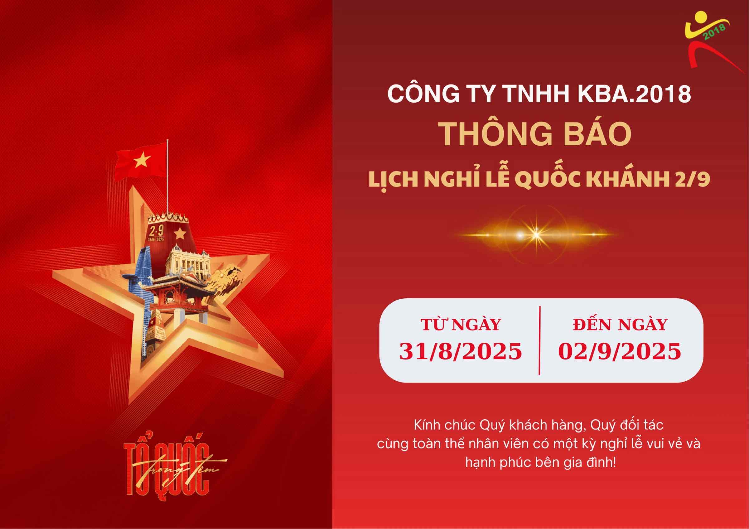 KBA.2018 Thông Báo Lịch Nghỉ Lễ Quốc Khánh 2/9